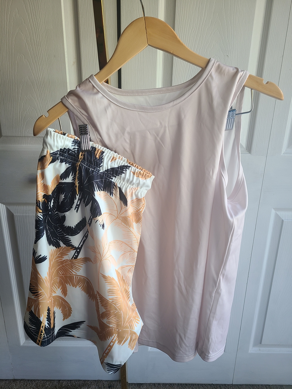 SHEIN Cream Tank & White Shorts with Black and Tan Palm Print